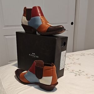 Coach Colorblock Ankle Boots in Red, Blue, and Brown